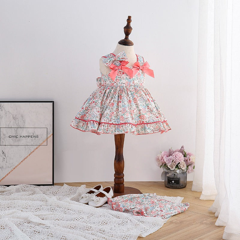 Spanish Style Vintage Floral Dress With Bloomer,Yellow/Pink,12M to 6T.