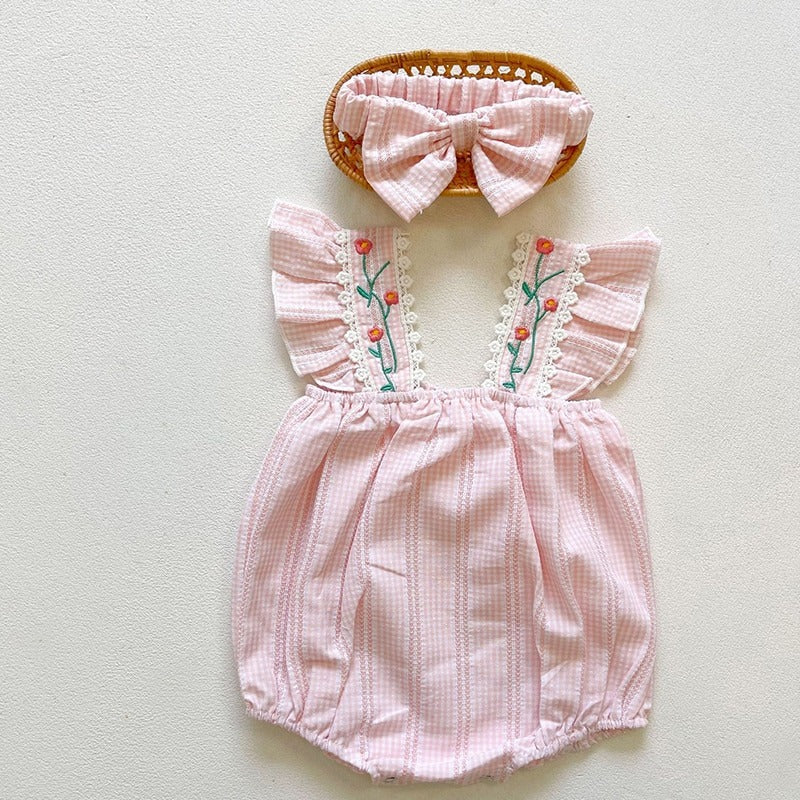 Cute Embroidered Romper,Pink,6M to 3T.