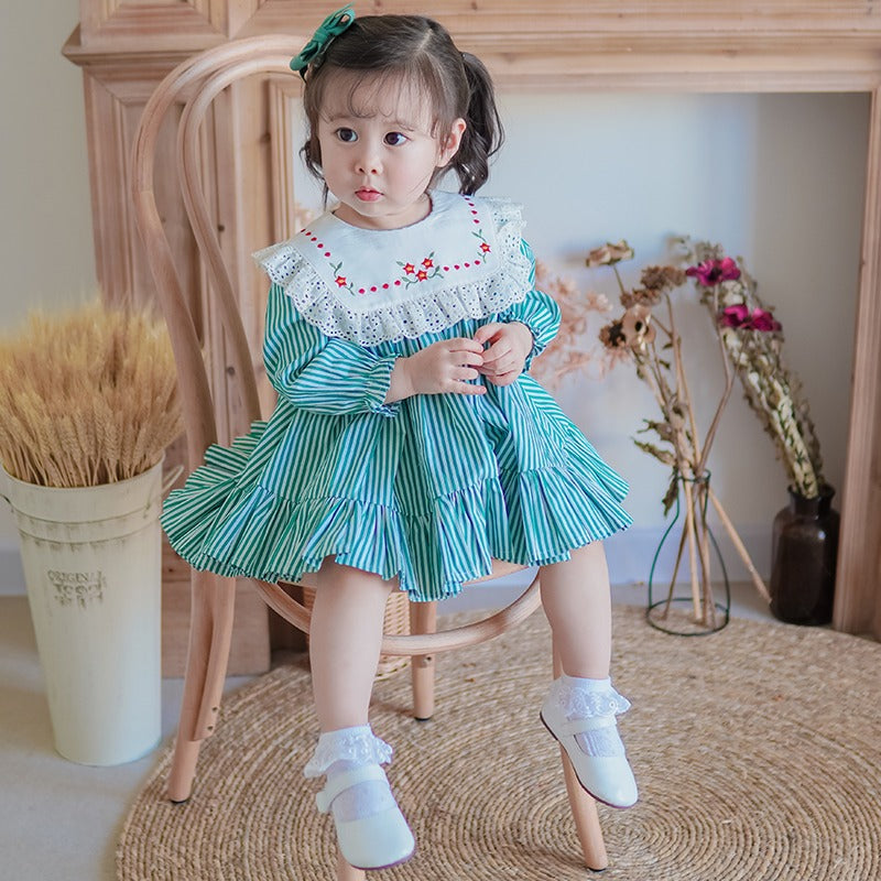 Full Sleeves Green Stripped Dress,12M to 6T.