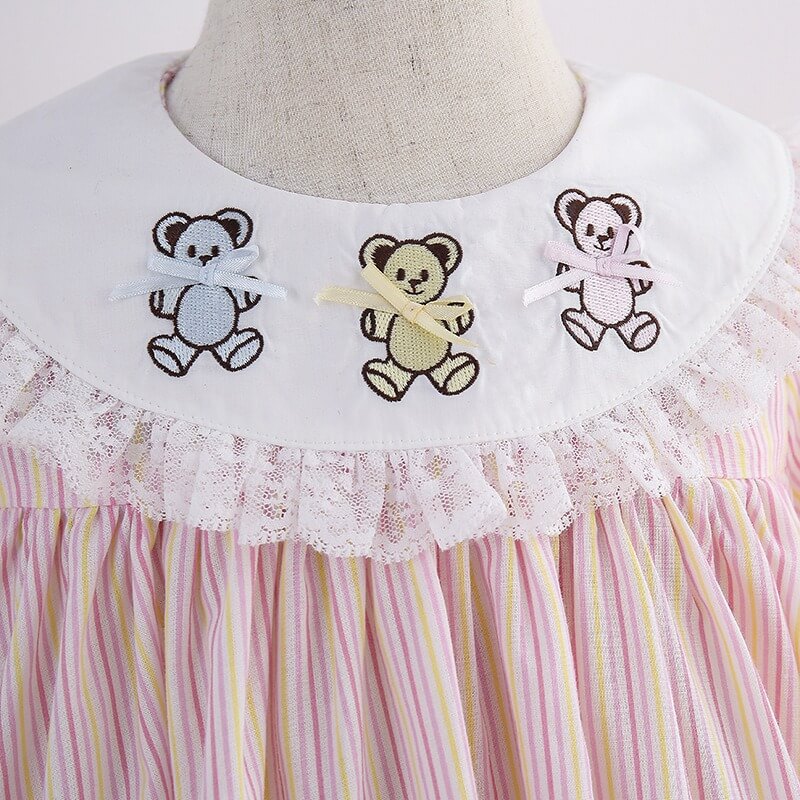 Pink Gingham Bear Embroidered Dress,12M to 6T.