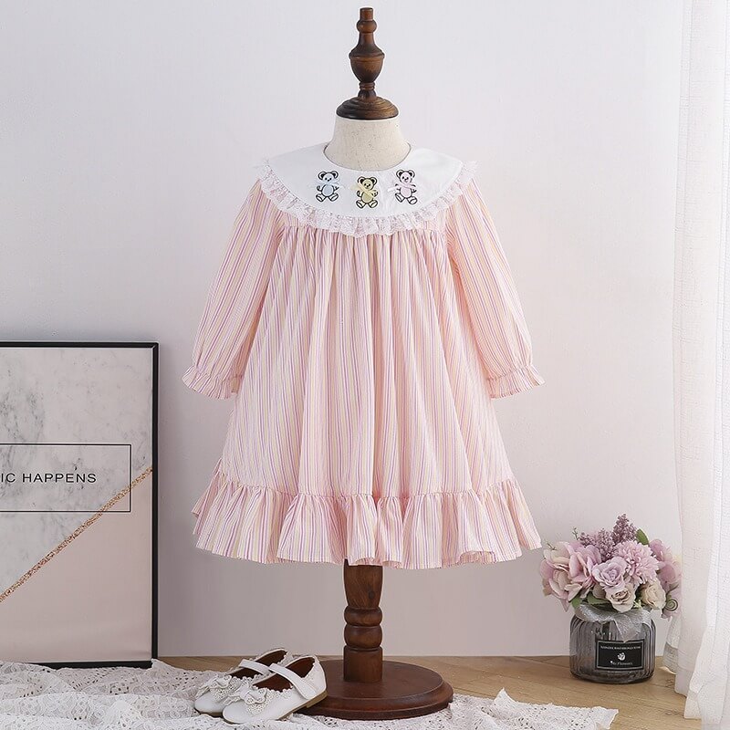 Pink Gingham Bear Embroidered Dress,12M to 6T.