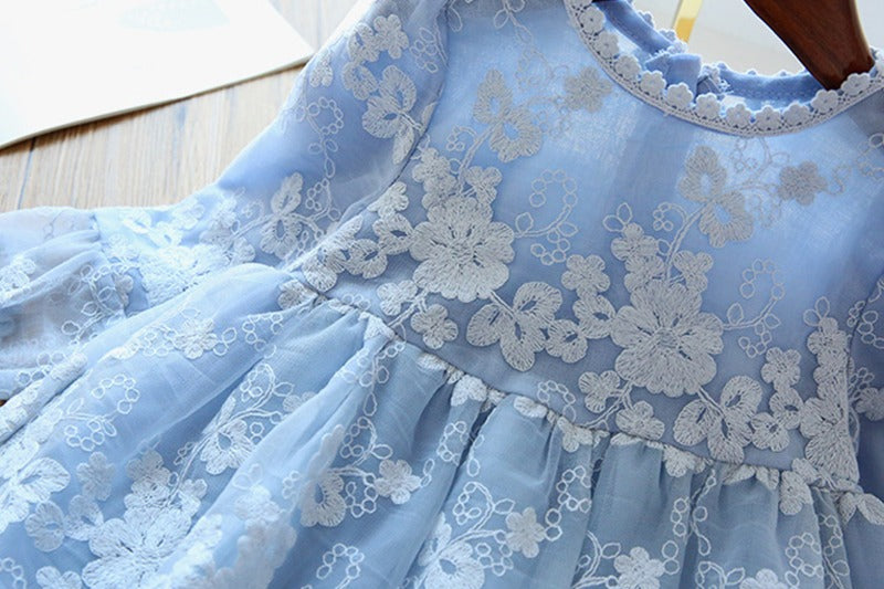 Cute Embroidered Lace Dress,Blue/White,3T to 8T.