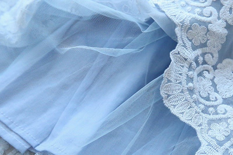 Cute Embroidered Lace Dress,Blue/White,3T to 8T.