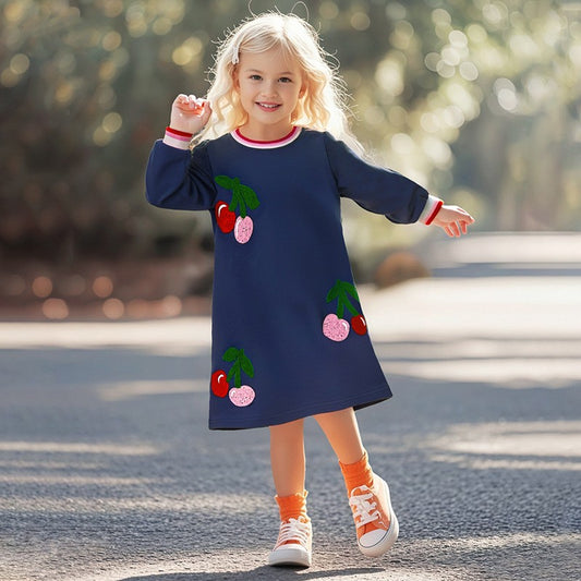 Navy Cherry Embroidered Cotton Dress,2T–7T