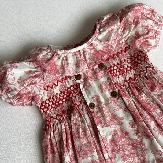 Toile de Jouy Red Smocked Dress & Romper,6M to 8T.