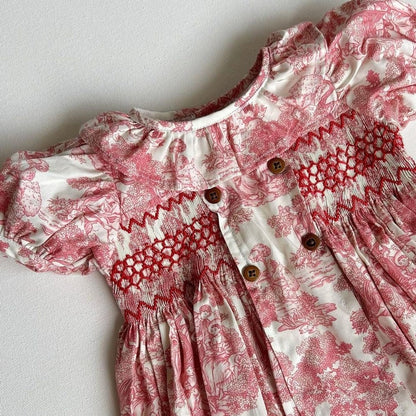 Toile de Jouy Red Smocked Dress & Romper,6M to 8T.
