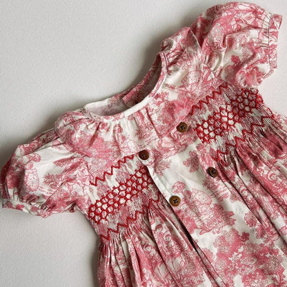 Toile de Jouy Red Smocked Dress & Romper,6M to 8T.