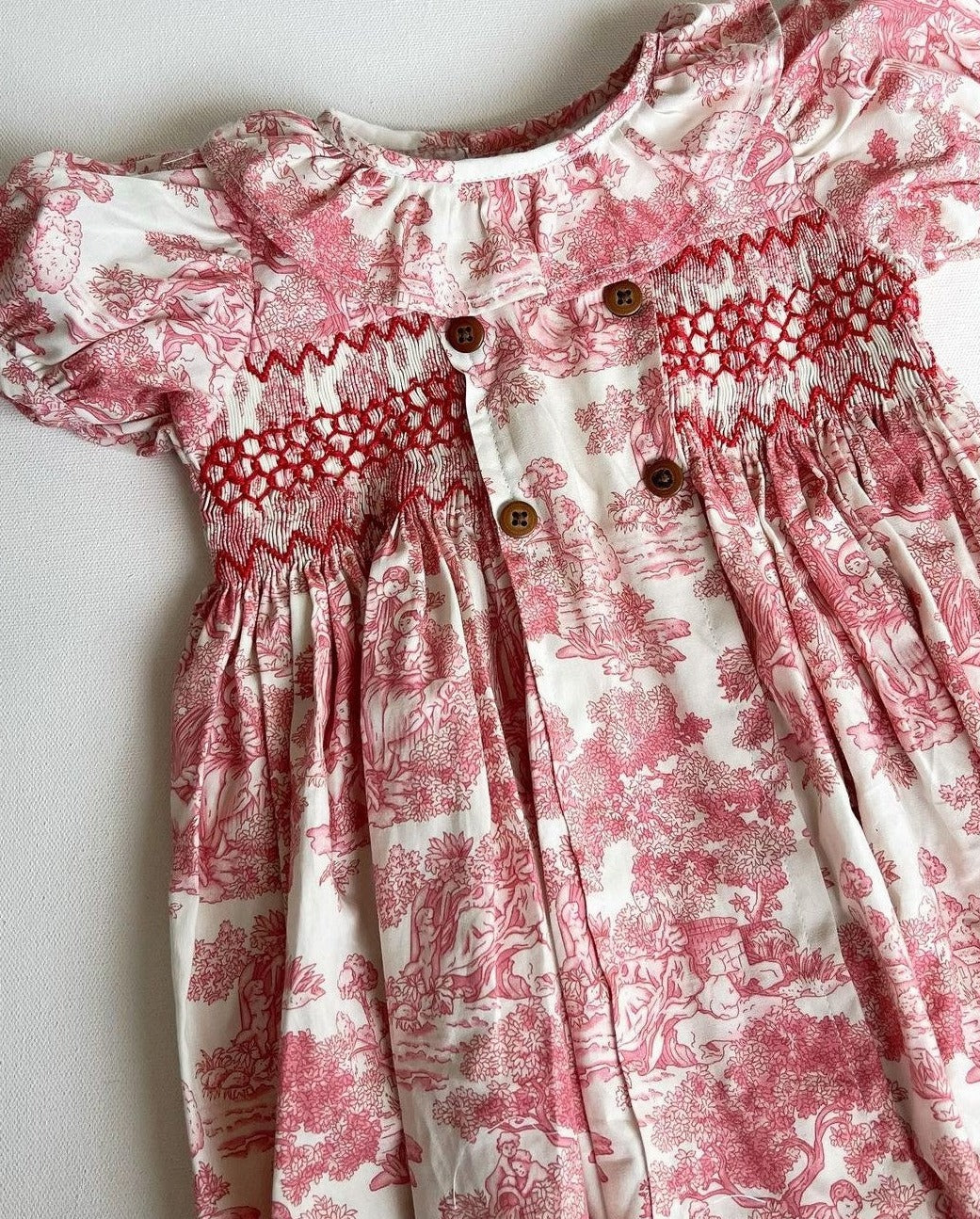 Toile de Jouy Red Smocked Dress & Romper,6M to 8T.