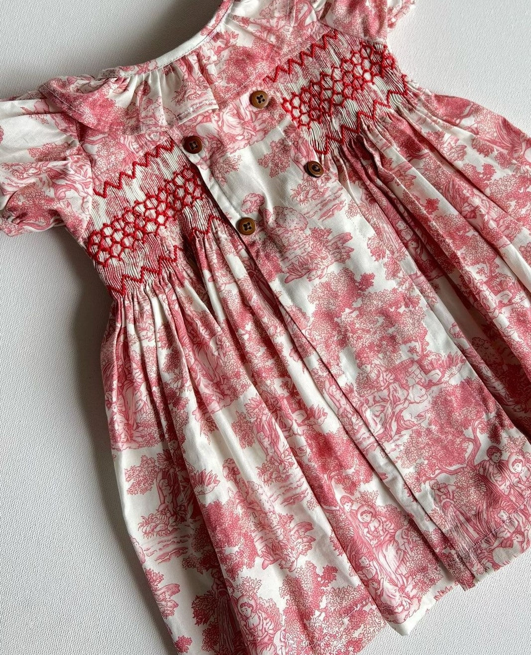 Toile de Jouy Red Smocked Dress & Romper,6M to 8T.