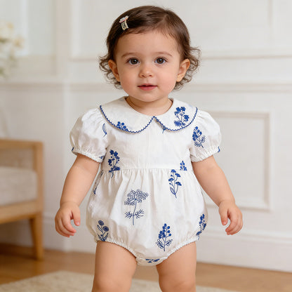 Blue Blossom Embroidered Dress & Romper,3M - 6T.