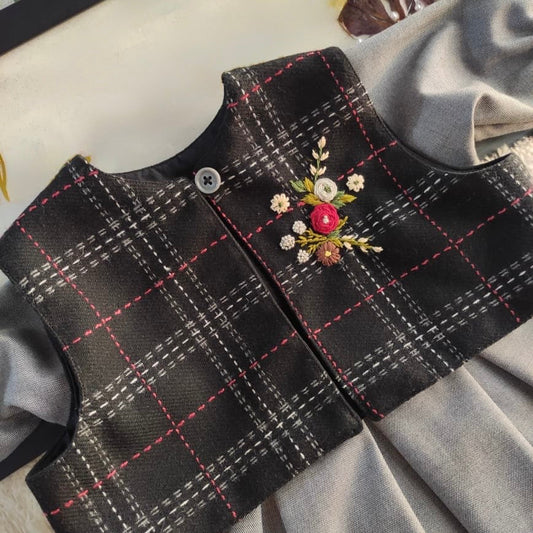 Gray wool girls dress with contrasting plaid jacket