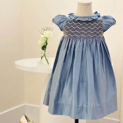 Gorgeous Hand Smocked Dress,Biege/Blue,12M to 8T