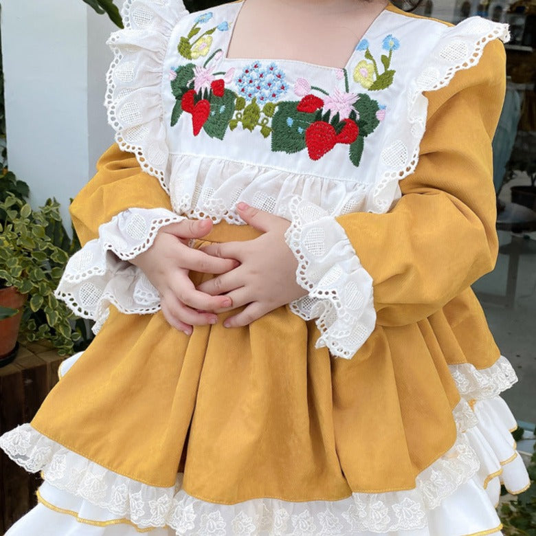 2Pc Beautiful Yellow Embroidered Puffy Spanish Dress,12M to 6T.