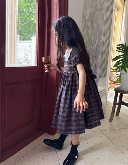 Hand Smocked Dark Plaid Dress,2T to 7T.
