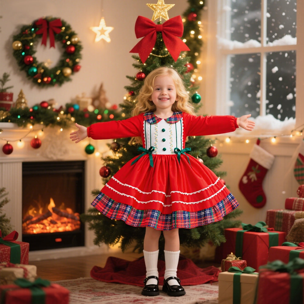 Festive Plaid Holiday Dress with Green Bows (Sizes 6M–3T)
