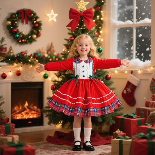 Festive Plaid Holiday Dress with Green Bows (Sizes 6M–3T)