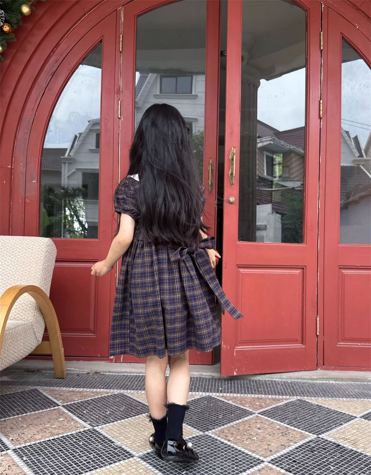 Hand Smocked Dark Plaid Dress,2T to 7T.