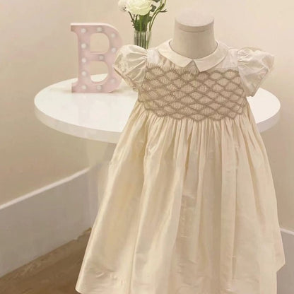 Gorgeous Hand Smocked Dress,Biege/Blue,12M to 8T