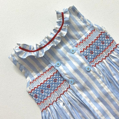 Blue & White Stripped Hand Smock Dress,6M to 10T.