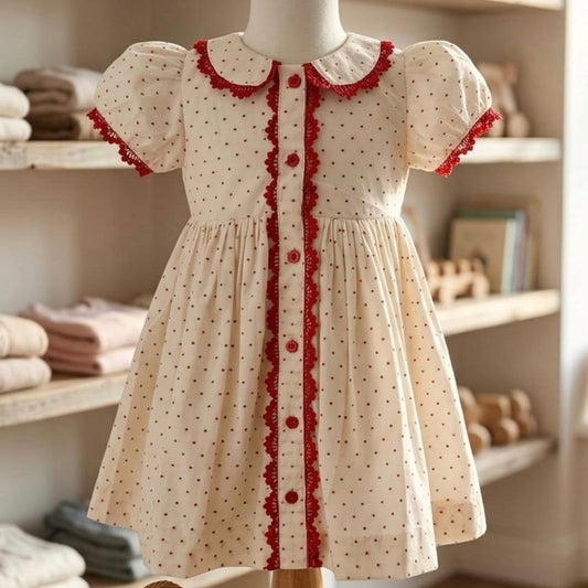 Handmade ivory and red polka dot cotton girls dress with red lace trim