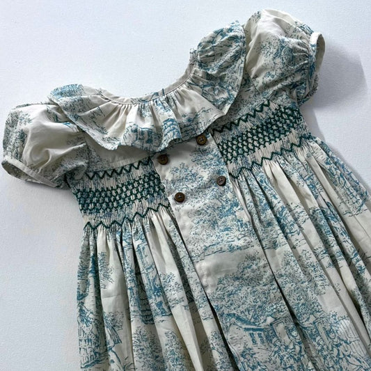 Toile de Jouy Green Smocked Dress & Romper,6M to 8T.