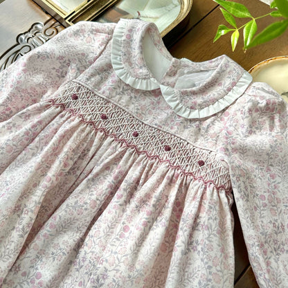 Blush Pink Floral Hand Smocked Dress,12M to 6T