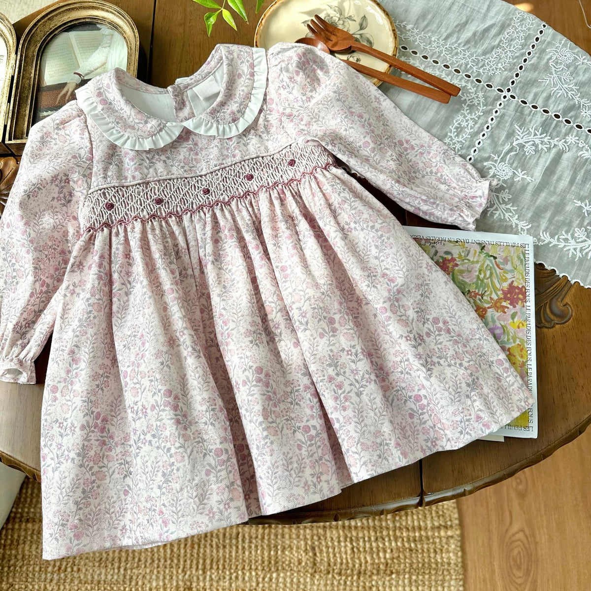 Blush Pink Floral Hand Smocked Dress,12M to 6T