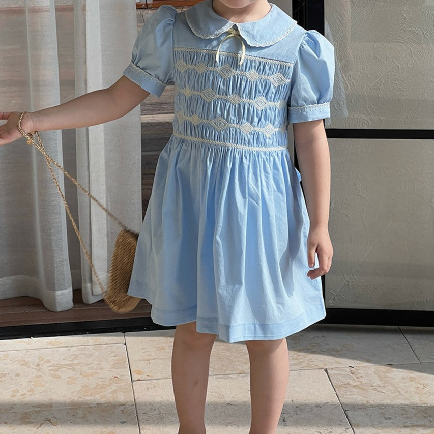 Classic Blue Embroidered Dress,4T to 10T.