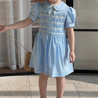 Classic Blue Embroidered Dress,4T to 10T.