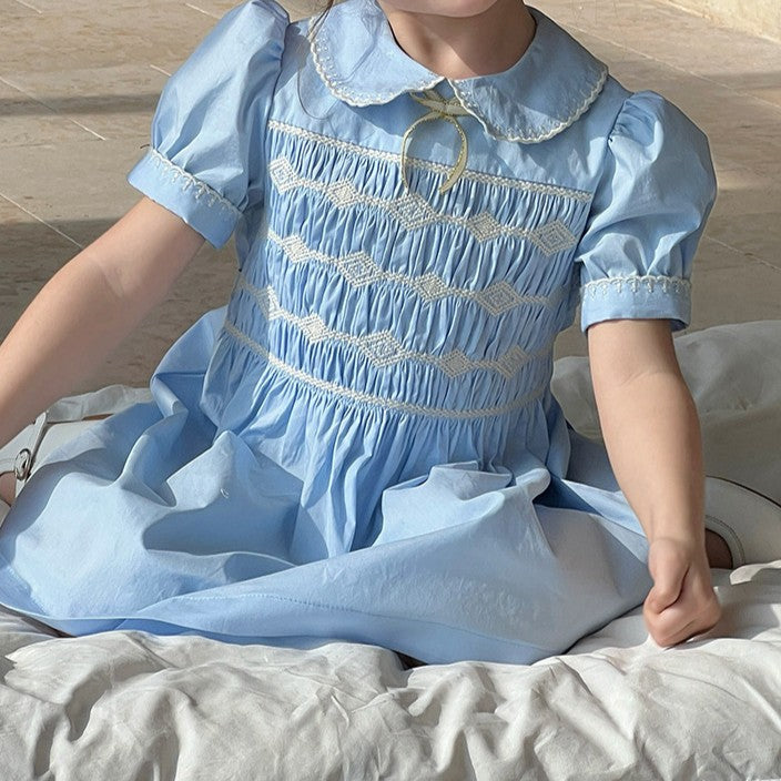 Classic Blue Embroidered Dress,4T to 10T.