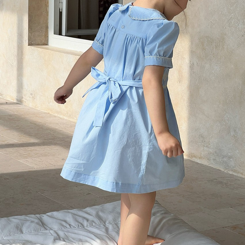 Classic Blue Embroidered Dress,4T to 10T.