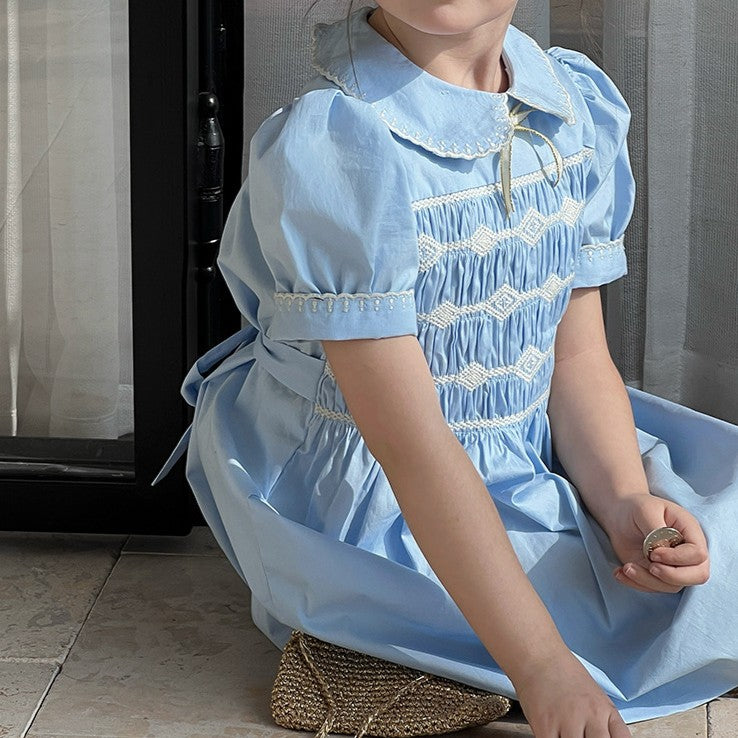 Classic Blue Embroidered Dress,4T to 10T.