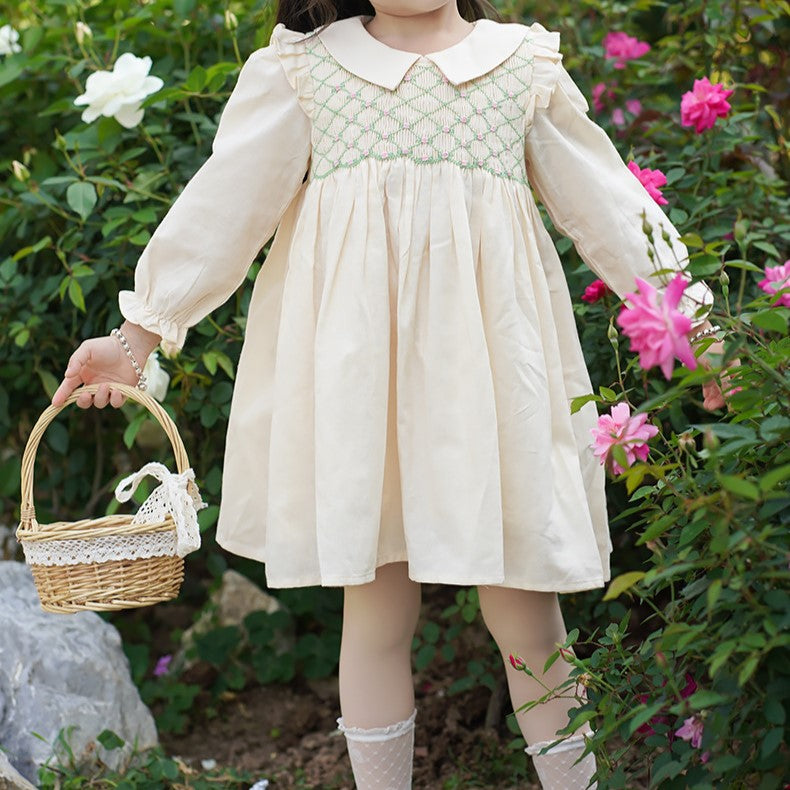 Apricot Full Sleeves Hand Smocked Dress,12M to 6T.