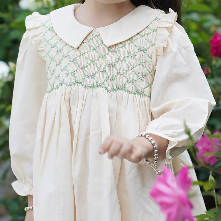 Apricot Full Sleeves Hand Smocked Dress,12M to 6T.