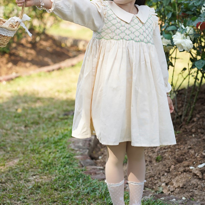 Apricot Full Sleeves Hand Smocked Dress,12M to 6T.