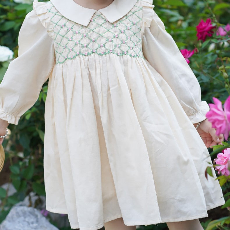 Apricot Full Sleeves Hand Smocked Dress,12M to 6T.