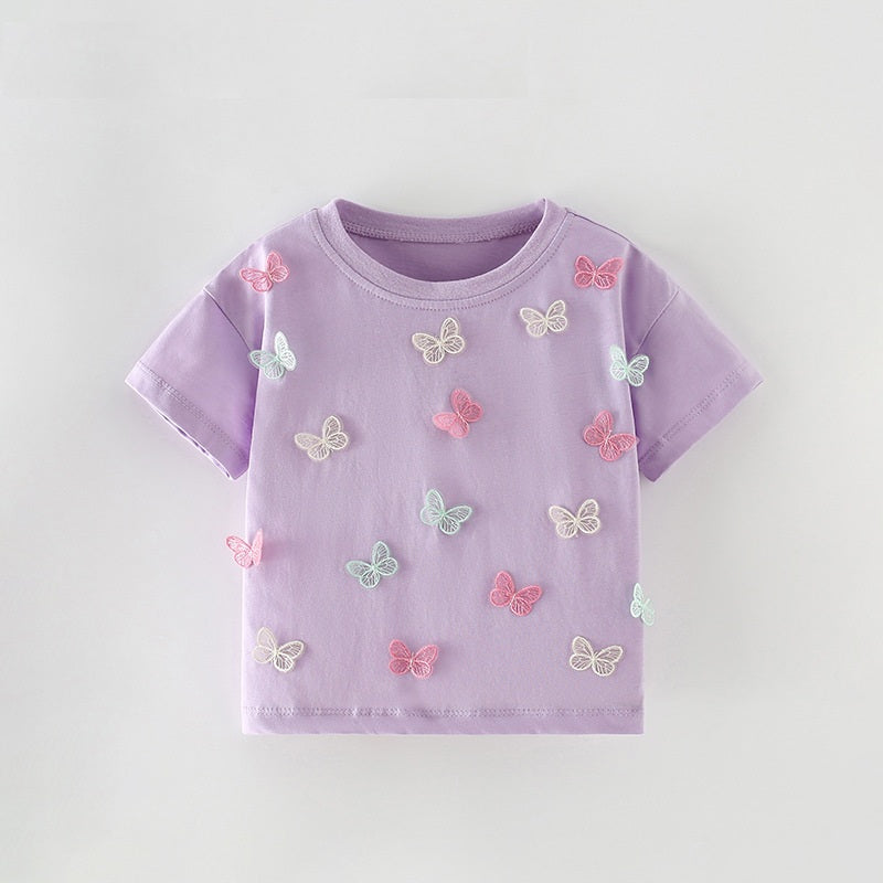 Girls Lilac Cotton T-Shirt with Butterfly Appliqué,3T to 8T.