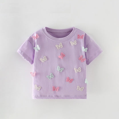 Girls Lilac Cotton T-Shirt with Butterfly Appliqué,3T to 8T.