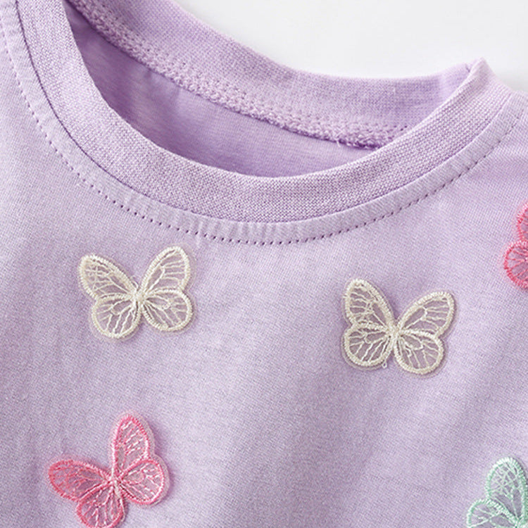 Girls Lilac Cotton T-Shirt with Butterfly Appliqué,3T to 8T.