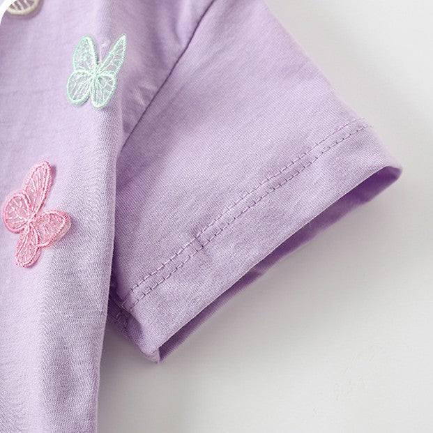 Girls Lilac Cotton T-Shirt with Butterfly Appliqué,3T to 8T.