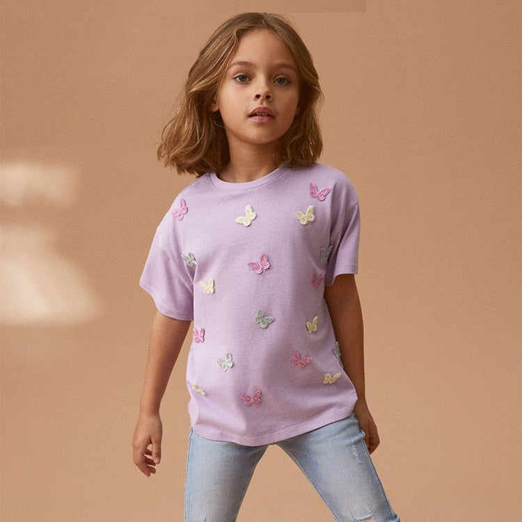 Girls Lilac Cotton T-Shirt with Butterfly Appliqué,3T to 8T.