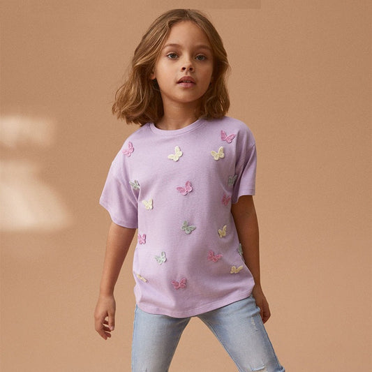 Girls Lilac Cotton T-Shirt with Butterfly Appliqué,3T to 8T.