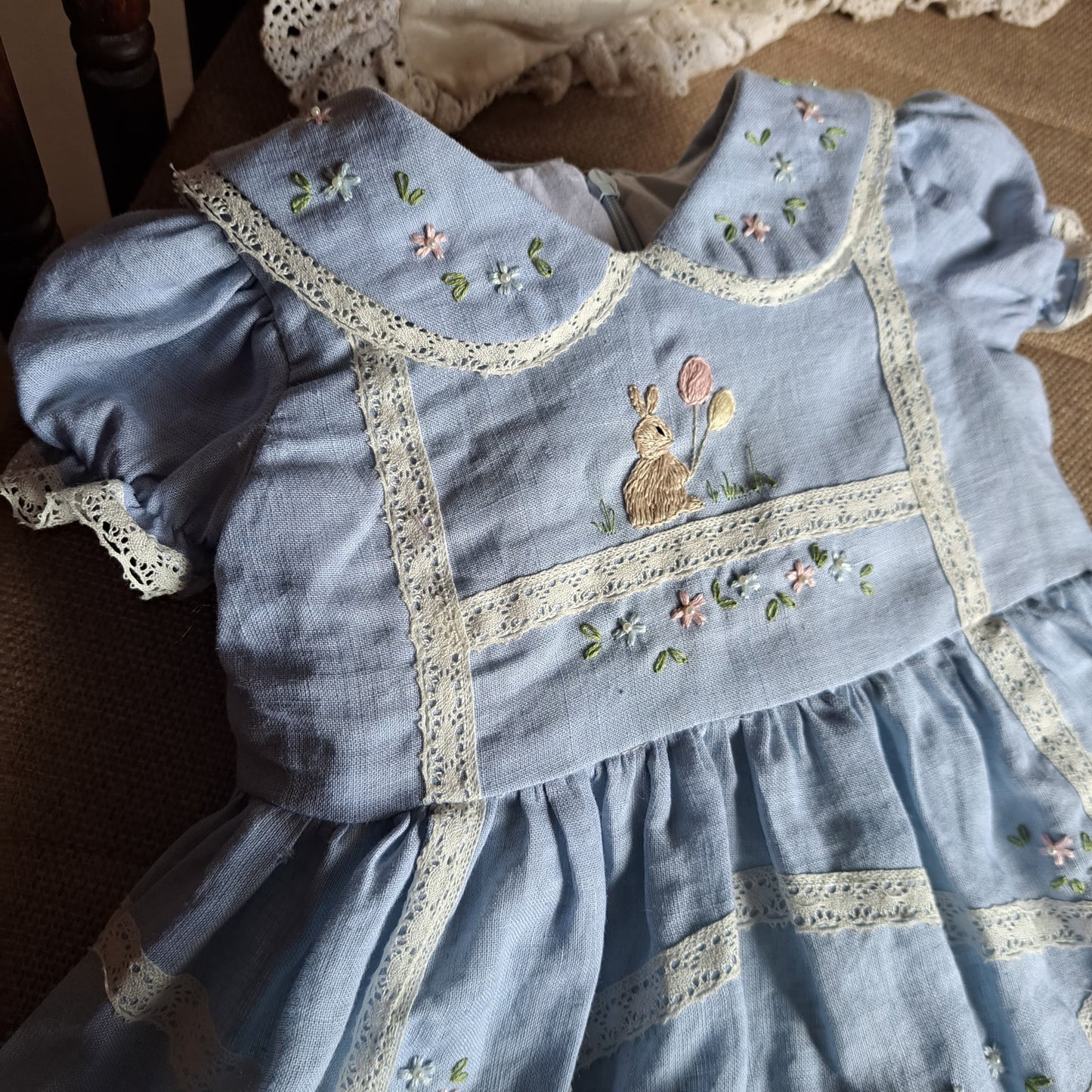 Whimsical Blue Linen Hand Embroidered Bunny Dress,3M to 8T.