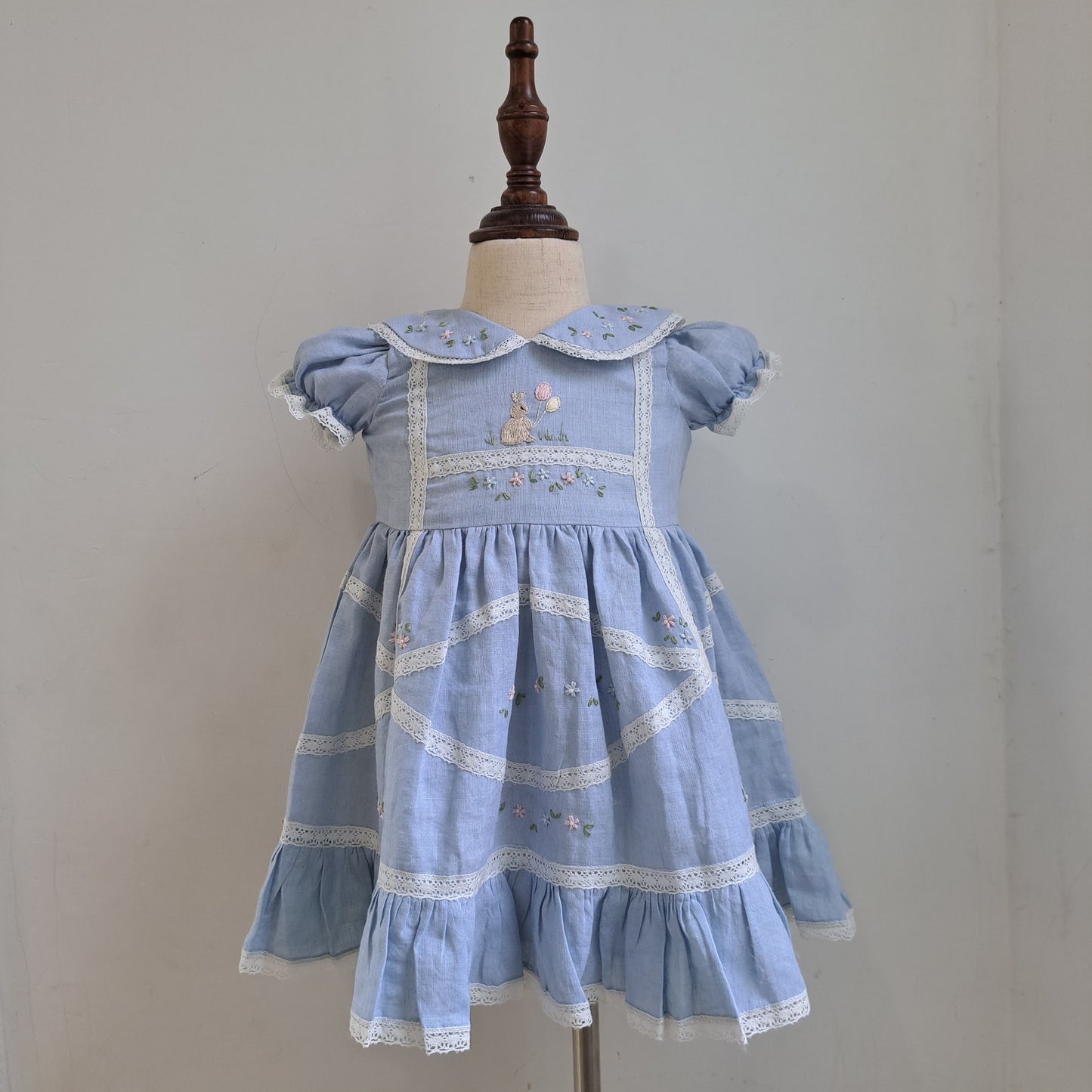 Whimsical Blue Linen Hand Embroidered Bunny Dress,3M to 8T.