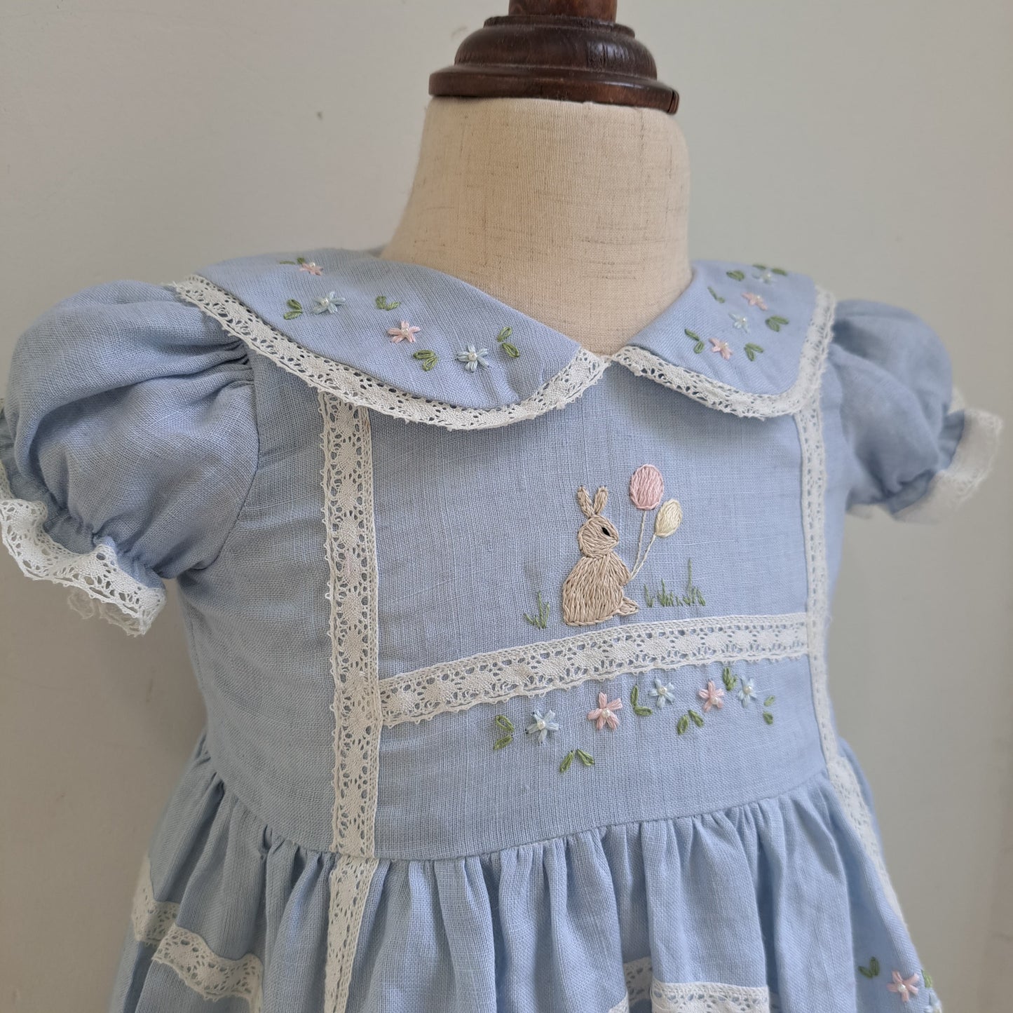 Whimsical Blue Linen Hand Embroidered Bunny Dress,3M to 8T.