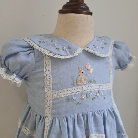 Whimsical Blue Linen Hand Embroidered Bunny Dress,3M to 8T.