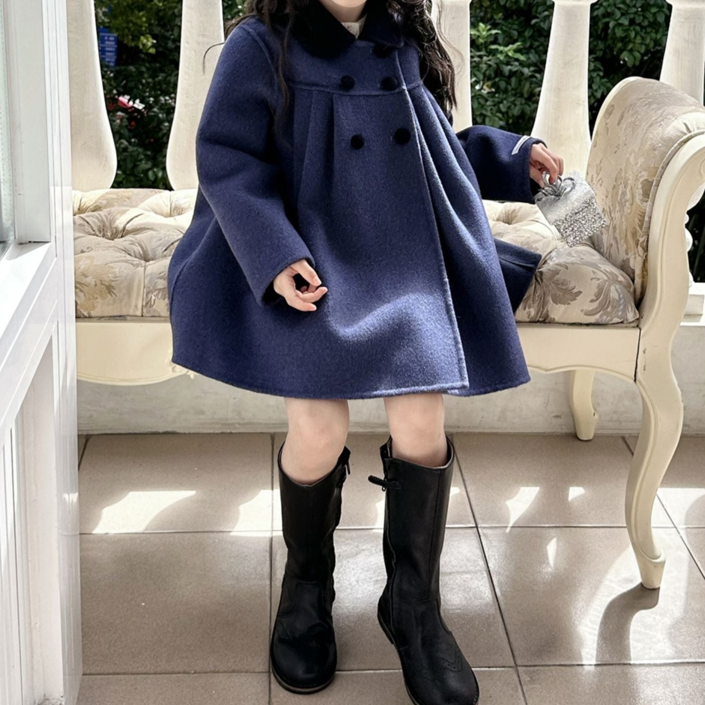 Elegant Double-Breasted Coat- 100% Pure Wool,2T to 5T
