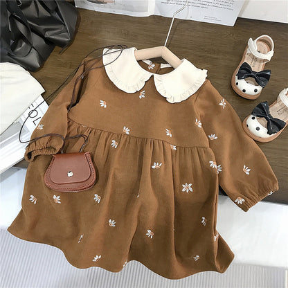 Brown Cotton Long-Sleeve Girls Dress, 2T–7T