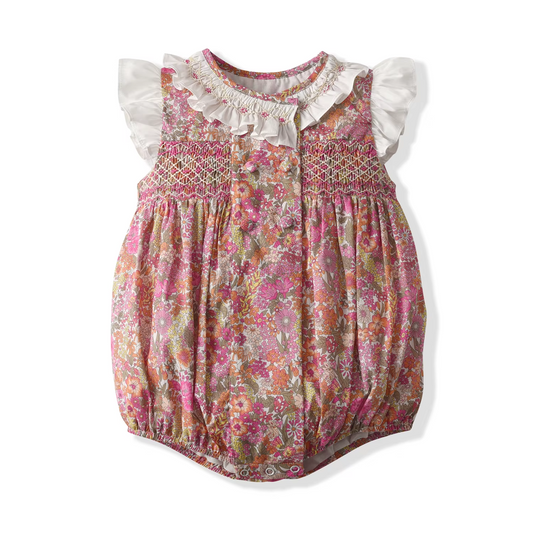 Hand-Smocked Floral Baby Bubble Romper,6M–3T