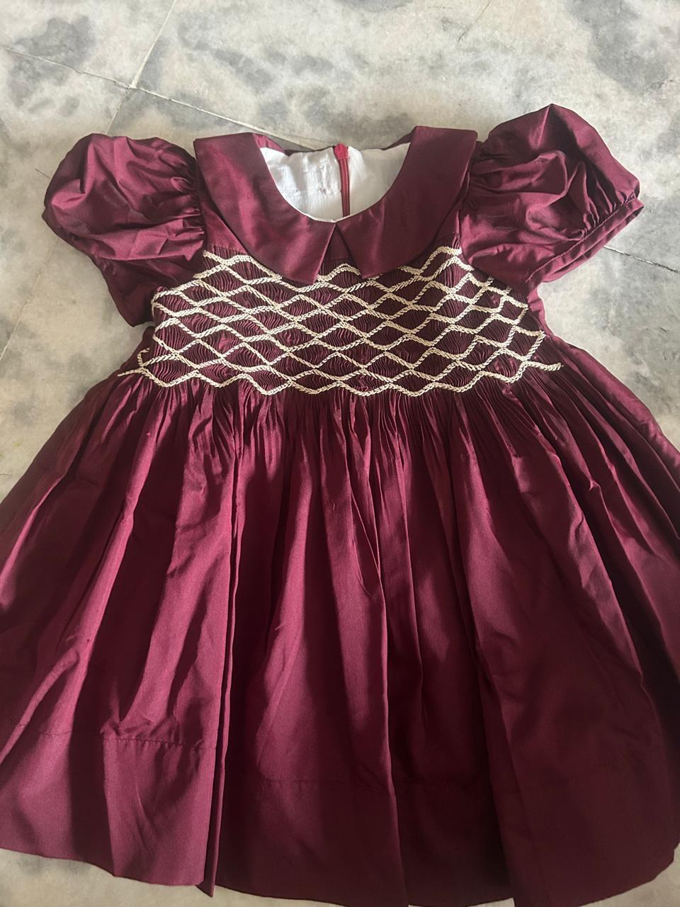 Gorgeous Hand Smocked Dress,Biege/Blue/Burgundy,12M to 8T